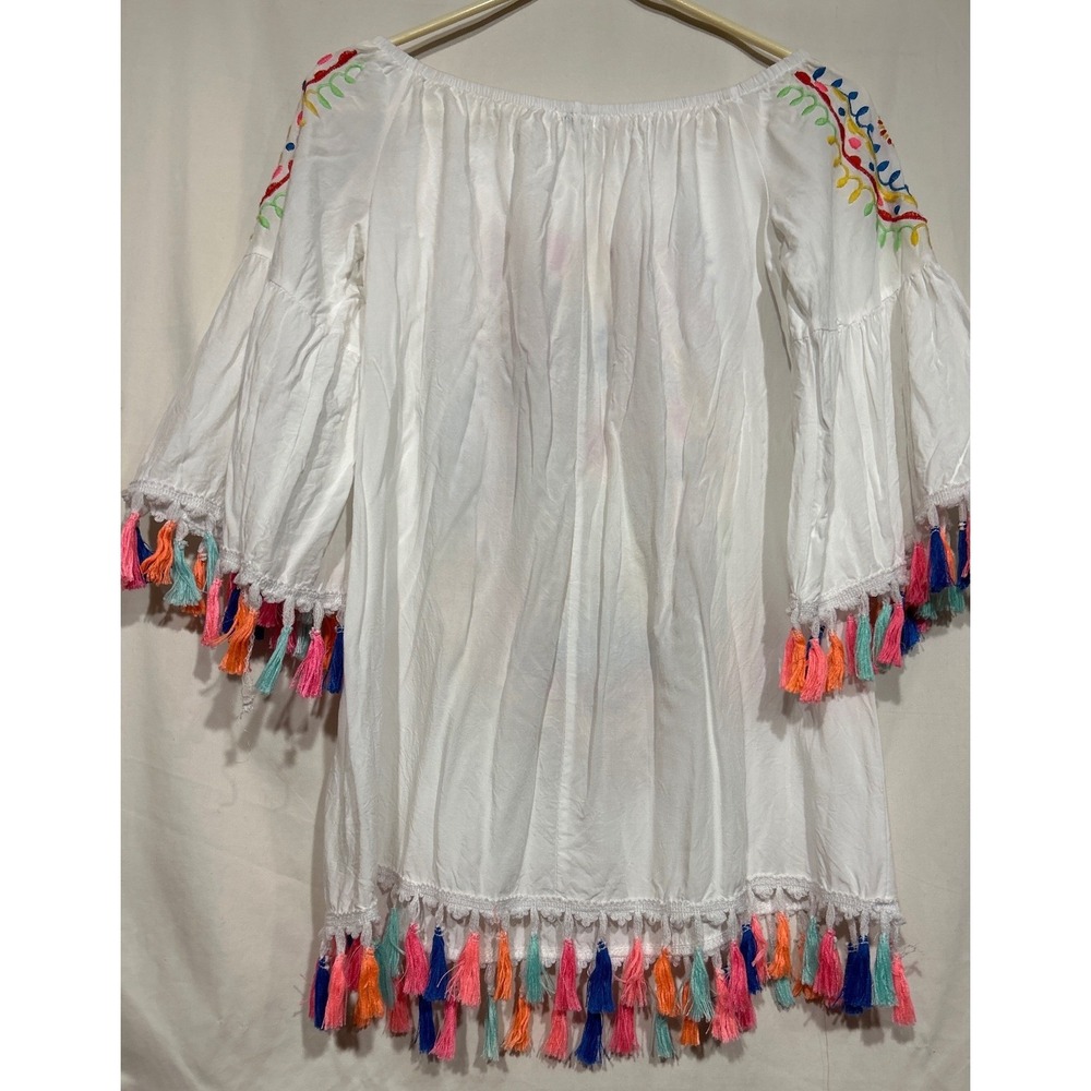 Embroidered Tassel Tunic Top White Boho Bell Sleeve Size S/M Miss Charm Paris - Picture 2 of 5